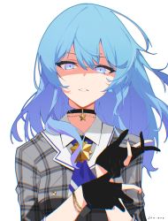 Rule 34 | 1girl, absurdres, ascot, black choker, black gloves, blue ascot, blue eyes, blue hair, bracelet, choker, gloves, grey shirt, hair between eyes, highres, hololive, hoshimachi suisei, hoshimachi suisei (1st costume), jewelry, jon eve, long hair, looking at viewer, parted lips, partially fingerless gloves, plaid, plaid shirt, shaded face, shirt, signature, simple background, solo, upper body, virtual youtuber, white background