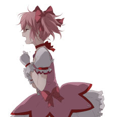 Rule 34 | 10s, 1girl, bow, bubble skirt, choker, closed eyes, gloves, hair bow, kaname madoka, magical girl, mahou shoujo madoka magica, mahou shoujo madoka magica (anime), namori, open mouth, pink hair, profile, puffy sleeves, short hair, short twintails, simple background, skirt, solo, tears, twintails