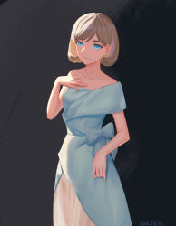 Rule 34 | 1girl, asymmetrical clothes, black background, blonde hair, blue bow, blue dress, blue eyes, bow, closed mouth, collarbone, dated, dress, earrings, guyijun, highres, jewelry, long dress, love live!, love live! superstar!!, short hair, sleeveless, sleeveless dress, smile, solo, standing, tang keke