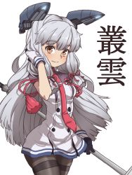 Rule 34 | 10s, 1girl, black pantyhose, blunt bangs, blush, buttons, character name, commentary request, cowboy shot, dress, eyebrows, gazacy (dai), gloves, hand in own hair, headgear, highres, kantai collection, long hair, looking at viewer, murakumo (kancolle), murakumo kai ni (kancolle), necktie, orange eyes, pantyhose, polearm, sailor dress, short sleeves, silver hair, simple background, smile, solo, standing, thighband pantyhose, very long hair, weapon, white background