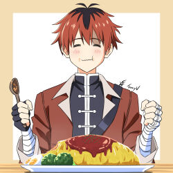 Rule 34 | 1boy, bandaged arm, bandages, black hair, broccoli, closed eyes, commentary, eating, egg, facing viewer, fingerless gloves, food, food on face, gloves, highres, holding, holding spoon, jacket, male focus, multicolored hair, omelet, omurice, plate, red hair, single fingerless glove, single glove, smile, solo, sousou no frieren, spoon, stark (sousou no frieren), tanny v