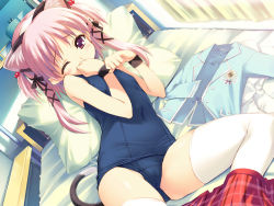 Rule 34 | 00s, 1girl, animal ears, bed, breasts, cat ears, cat tail, child, game cg, kawata hisashi, lolita fashion, nanako (to heart 2), non-web source, one-piece swimsuit, one eye closed, panties, pillow, pink hair, purple eyes, purple hair, school swimsuit, short twintails, small breasts, solo, swimsuit, tail, thighhighs, to heart (series), to heart 2, to heart 2 ad, twintails, underwear, undressing, white thighhighs, wink