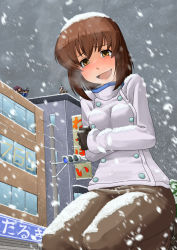 5girls akizuki_ritsuko antenna_hair ao-yume black_hair blush brown_eyes brown_hair coat giant giantess gloves hagiwara_yukiho highres idolmaster idolmaster_(classic) kikuchi_makoto minase_iori miura_azusa multiple_girls open_mouth seiza short_hair sitting snow tears traffic_light umbrella winter_clothes