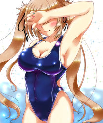 Rule 34 | 10s, 1girl, armpits, black ribbon, breasts, cleavage, competition swimsuit, covering face, fingernails, hair ribbon, highres, kantai collection, light brown hair, long hair, murasame (kancolle), nail, nail polish, one-piece swimsuit, ribbon, sharp fingernails, shigatsu (soratobuusagi), smile, solo, swimsuit, twintails