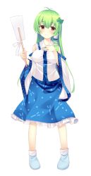 Rule 34 | 1girl, ajiriko, bad id, bad pixiv id, blue footwear, blue skirt, blush, breasts, brown eyes, cowlick, detached sleeves, frog hair ornament, full body, gohei, green hair, hair ornament, hair tubes, kochiya sanae, large breasts, long hair, long sleeves, looking at viewer, nontraditional miko, shirt, shoes, skirt, sleeveless, sleeveless shirt, smile, snake hair ornament, solo, standing, straight-on, tachi-e, touhou, white background, white shirt, wide sleeves