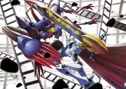 Rule 34 | arm blade, arm cannon, armor, blonde hair, blue armor, commentary request, diablomon, digimoji, digimon, digimon adventure, digimon adventure: bokura no war game, digimon card game, extra arms, fangs, fighting, film reel, green eyes, highres, horns, long hair, mecha, multiple heads, official art, omegamon, robot, sasasi, second-party source, sharp teeth, shoulder armor, spikes, sword, teeth, tentacle arm, translation request, weapon