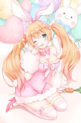 Rule 34 | 1girl, :p, animal ears, balloon, bare shoulders, blonde hair, blue dress, blush, bow, breasts, carrot, detached collar, dress, food, food on face, full body, fur trim, green eyes, heart balloon, high heels, highres, holding, holding food, long hair, looking at viewer, nanairo fuuka, one eye closed, original, pink dress, polka dot, polka dot bow, rabbit ears, ribbon, solo, striped clothes, striped thighhighs, thighhighs, tongue, tongue out, twintails, unbuttoned, very long hair, zettai ryouiki