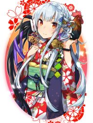 Rule 34 | 1girl, animal, animal on hand, arrow (projectile), bead bracelet, beads, bird, blue hair, blush, bracelet, braid, brown eyes, cherry blossoms, chicken, chinese zodiac, closed mouth, ema, floral background, floral print, hamaya, hand on own chest, hands up, highres, holding, holding arrow, japanese clothes, jewelry, kimono, long hair, looking at viewer, mikoto kei, new year, obi, original, red kimono, rooster, sash, sidelocks, silver hair, smile, solo, year of the rooster