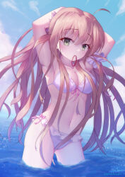 Rule 34 | 1girl, ahoge, arm scrunchie, armpits, arms behind head, arms up, bikini, blue sky, blush, breasts, brown hair, cleavage, collarbone, commentary request, cowboy shot, day, eyelashes, eyes visible through hair, floating hair, flower, frilled bikini, frills, gluteal fold, green eyes, hair between eyes, hair down, hair flower, hair ornament, hair over shoulder, hair tie, hair tie in mouth, highres, kanbe kotori, large breasts, long hair, looking at viewer, midriff, mouth hold, navel, ocean, outdoors, partially submerged, pink flower, pink ribbon, rewrite, ribbon, scrunchie, shiki hamaguri, shiny skin, signature, sitting, sky, solo, standing, stomach, swimsuit, thighs, twitter username, very long hair, white bikini, white scrunchie