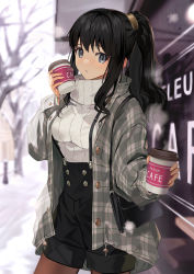 Rule 34 | 1girl, black hair, black overalls, blue eyes, blurry, blurry background, blush, brown pantyhose, coffee cup, cup, disposable cup, green jacket, hair between eyes, hand up, high collar, holding, holding cup, jacket, long hair, long sleeves, looking at viewer, motto (night wear), original, outdoors, outstretched arm, overalls, pantyhose, parted lips, ponytail, snow, solo, standing, sweater, white sweater