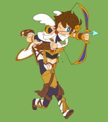 Rule 34 | 2boys, angel, armor, arrow (projectile), blue eyes, bow, brown hair, fighter (kid icarus), green background, kid icarus, male focus, multiple boys, nintendo, pit (kid icarus), pteruges, tunic, weapon, wings