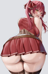 Rule 34 | 1girl, ass, ass focus, bare arms, bare shoulders, black thighhighs, blush, breasts, commentary request, cropped jacket, from behind, grey background, hair ornament, hair ribbon, highres, hololive, houshou marine, houshou marine (1st costume), jacket, large breasts, leotard, long hair, looking at viewer, looking back, oekakizuki, open mouth, pleated skirt, red eyes, red jacket, red ribbon, red skirt, ribbon, simple background, skirt, sleeveless, sleeveless jacket, smile, thighhighs, thighs, twintails, virtual youtuber, yellow eyes