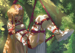 Rule 34 | 1girl, absurdres, arms behind back, asuna (sao), bdsm, blonde hair, bondage, bound, bound arms, bound legs, cailin020, cleave gag, cloth gag, commission, gag, gagged, highres, improvised gag, long hair, restrained, rope, shibari, shibari over clothes, solo, suspension, sword art online, thighhighs, tree, yellow eyes
