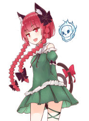 Rule 34 | 1girl, absurdres, animal ears, bare shoulders, blunt bangs, bow, braid, cat ears, dress, fang, frilled dress, frills, green dress, hair bow, highres, juliet sleeves, kaenbyou rin, long sleeves, lulumiya (abbb1233), multiple tails, off-shoulder dress, off shoulder, open mouth, puffy sleeves, red eyes, red hair, skull, solo, tail, thighs, touhou, twin braids, two tails