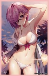 Rule 34 | 1girl, arm up, armpits, bikini, blush, border, breasts, cleavage, cloud, collarbone, fate/grand order, fate (series), food, food in mouth, glasses, glasses over hair, hair over one eye, highres, jacket, large breasts, looking at viewer, mash kyrielight, mash kyrielight (swimsuit of perpetual summer), navel, necomi, official alternate costume, open clothes, open jacket, palm tree, pink border, popsicle, purple eyes, purple hair, short hair, signature, sky, solo, stomach, sun, swimsuit, title, tree, twilight, white bikini