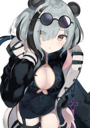Rule 34 | 1girl, absurdres, animal ears, arknights, black hair, black jacket, blue dress, blush, breasts, china dress, chinese clothes, cleavage, cleavage cutout, clothing cutout, covered navel, cowboy shot, dress, eyes visible through hair, eyewear on head, feater (arknights), grey hair, hand in own hair, highres, hood, hooded jacket, jacket, large breasts, leaning forward, long sleeves, looking at viewer, mechanical arms, multicolored hair, panda ears, parted lips, short dress, short hair, single mechanical arm, sleeveless, sleeveless dress, solo, sunglasses, sunglasses on head, thigh strap, thighs, two-tone hair, yellow eyes, zukan (db tyoutyo)