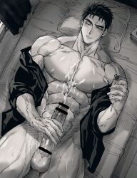 Rule 34 | 1boy, abs, after ejaculation, bar censor, bara, blush, bottomless, censored, cowboy shot, cum, cum on body, domo (domo kizusuki), erection, from above, greyscale, highres, holding, holding phone, kokado shido (domo), large pectorals, large penis, lying, male focus, male masturbation, masturbation, monochrome, muscular, muscular male, navel, nipples, on back, on bed, one eye closed, original, pectorals, penis, phone, shirt partially removed, short hair, shredded muscles, sideburns, solo, testicles, thick eyebrows, veins, veiny arms