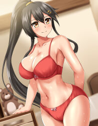 Rule 34 | 1girl, absurdres, bed, black hair, bra, breasts, brown eyes, cleavage, commission, covered navel, cowboy shot, drawer, dutch angle, hair ornament, hairclip, haruna (kancolle), highres, kantai collection, large breasts, long hair, panties, pixiv commission, red bra, red panties, smile, solo, standing, stuffed animal, stuffed toy, teddy bear, underwear, underwear only, wet, zanntetu