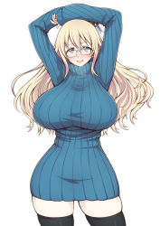 Rule 34 | 10s, 1girl, arms up, atago (kancolle), beret, black thighhighs, blonde hair, blush, breasts, dress, glasses, green eyes, hat, huge breasts, kantai collection, long hair, looking at viewer, pas (paxiti), ribbed sweater, rimless eyewear, smile, solo, sweater, sweater dress, thighhighs, turtleneck