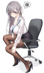 Rule 34 | 1girl, :t, black footwear, black skirt, blue eyes, breasts, brown pantyhose, chair, collared shirt, earrings, emyo, grey hair, high heels, id card, jewelry, lanyard, large breasts, long hair, long sleeves, looking down, miniskirt, office chair, office lady, original, pantyhose, pencil skirt, pout, shirt, shirt tucked in, simple background, sitting, skirt, solo, squiggle, swivel chair, thighs, thought bubble, torn clothes, white background, white shirt