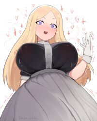 Rule 34 | 1girl, absurdres, blue eyes, blush, breasts, colored skin, commentary, dazz chan, english commentary, gloves, highres, large breasts, long hair, looking at viewer, maid, open mouth, original, simple background, smile, solo, white background, white skin