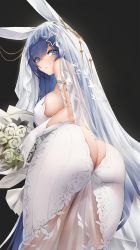 Rule 34 | 1girl, animal ears, ass, ass cutout, azur lane, backless dress, backless outfit, blue eyes, blue hair, blush, bouquet, breasts, bridal veil, butt crack, closed mouth, clothing cutout, covered erect nipples, crossed bangs, dress, elbow gloves, fake animal ears, flower, from behind, gloves, haihai (skeleton), hair between eyes, hair ornament, headdress, highres, holding, holding bouquet, large breasts, light smile, long hair, looking at viewer, looking back, new jersey (azur lane), new jersey (snow-white ceremony) (azur lane), no panties, rabbit ears, revealing clothes, see-through, sideboob, sidelocks, solo, star (symbol), star hair ornament, thighs, veil, wedding dress, white dress, white gloves