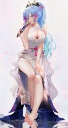 Rule 34 | 1girl, absurdres, alternate costume, aqua hair, ayaka (genshin impact), bare arms, bare shoulders, barefoot, blue eyes, blue hair, blunt bangs, blush, breasts, cleavage, cleavage cutout, clothing cutout, dorsiflexion, dress, floral print, flower knot, folding fan, genshin impact, gradient hair, hair ornament, hair ribbon, hand fan, head tilt, highres, holding, holding fan, legs, long hair, looking at viewer, mole, mole under eye, multicolored clothes, multicolored dress, multicolored hair, panipo, parted lips, pelvic curtain, ponytail, print dress, reflective floor, ribbon, side slit, sidelocks, simple background, sleeveless, sleeveless dress, smile, solo, tassel, thighs, toes, tress ribbon, wavy hair, white background, white dress