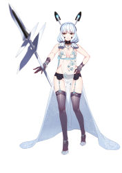 Rule 34 | 1girl, absurdres, artoria pendragon (fate), artoria pendragon (lancer alter) (fate), artoria pendragon (lancer alter) (fate) (cosplay), artoria pendragon (lancer alter) (royal icing) (fate), artoria pendragon (lancer alter) (royal icing) (fate) (cosplay), breasts, cosplay, fate/grand order, fate (series), garter belt, gloves, hiememiko, highres, kantai collection, lips, medium breasts, murakumo (kancolle), official alternate costume, panties, polearm, see-through, silver hair, solo, spear, thighhighs, twintails, underwear, weapon, white background, yellow eyes