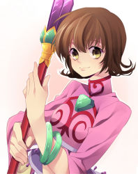 Rule 34 | 1girl, annie barrs, bracelet, brown hair, flipped hair, gem, jewelry, kirimi maguro, shirt, short hair, smile, solo, staff, tales of (series), tales of rebirth, white background, yellow eyes