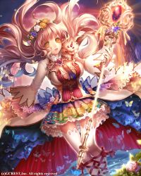 Rule 34 | 1girl, animal, animal on shoulder, blue hair, bow, breasts, bug, butterfly, cleavage, flower, gem, gradient hair, bug, large breasts, long hair, looking at viewer, momoshiki tsubaki, multicolored hair, open mouth, original, pink hair, rainbow gradient, red eyes, skirt, smile, solo, staff, thighhighs, yellow eyes, zettai ryouiki