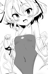 Rule 34 | 1girl, andira (granblue fantasy), bare shoulders, blush, breasts, collarbone, commentary request, covered navel, granblue fantasy, greyscale, hair between eyes, highres, long sleeves, looking at viewer, momio, monochrome, one-piece swimsuit, open mouth, see-through, simple background, small breasts, solo, swimsuit, white background, wide sleeves