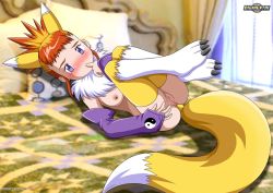 Rule 34 | 1girl, anal tail, artist request, bed, butt plug, cosplay, digimon, digimon tamers, fake tail, feet, female focus, finger in own mouth, fox girl, furry, makino ruki, one breast out, pussy, renamon, renamon (cosplay), sex toy, solo, tail