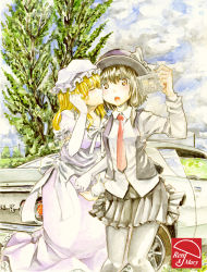 Rule 34 | 2girls, blonde hair, blue hair, bow, brown eyes, brown hair, car, closed eyes, cloud, colored pencil (medium), day, dress, elbow gloves, gloves, hand in own hair, hat, hat bow, highres, kiss, kissing cheek, long sleeves, maribel hearn, master (4th), mob cap, motor vehicle, multiple girls, necktie, nissan, nissan skyline, open clothes, open mouth, open vest, painting (medium), pleated skirt, power lines, puffy short sleeves, puffy sleeves, purple dress, sash, selfie, shirt, short sleeves, skirt, touhou, traditional media, tree, usami renko, vehicle, vest, watercolor (medium), white gloves, yuri