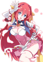 Rule 34 | 1girl, :d, beat angel escalayer, blue eyes, blush, bow, breasts, cleavage, escalayer, gloves, hair between eyes, hair bow, hand on own hip, hand up, ixy, kouenji sayuka, long hair, looking at viewer, magical girl, medium breasts, open mouth, pink skirt, red hair, skirt, smile, solo, thigh strap, thighs, two-tone skirt, very long hair, white gloves, white skirt, yellow bow