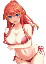 Rule 34 | 1girl, absurdres, arms up, bikini, blue eyes, blush, breasts, cleavage, collarbone, commentary request, go-toubun no hanayome, hair ornament, highres, inanaki shiki, large breasts, long hair, looking at viewer, nakano itsuki, navel, open mouth, red bikini, red hair, side-tie bikini bottom, sidelocks, simple background, solo, standing, star (symbol), star hair ornament, stomach, swimsuit, white background