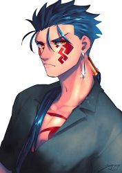 Rule 34 | 1boy, alternate costume, angry, beads, blue hair, bodypaint, close-up, closed mouth, collared shirt, cu chulainn (fate), cu chulainn (fate) (all), cu chulainn (fate/stay night), cu chulainn alter (fate), cu chulainn alter (fate/grand order), dark blue hair, dark persona, dated, earrings, facepaint, fate/grand order, fate (series), hair beads, hair ornament, jewelry, lancer, long hair, looking at viewer, male focus, nishiyama (whatsoy), open clothes, open shirt, ponytail, red eyes, shirt, short sleeves, signature, simple background, slit pupils, solo, spiked hair, type-moon, white background