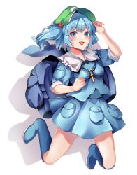 Rule 34 | absurdres, backpack, bag, blue eyes, blue footwear, blue hair, blue shirt, blue skirt, blush, boots, collared shirt, flat cap, frilled shirt collar, frills, full body, green hat, hair bobbles, hair ornament, hat, highres, jumping, kawashiro nitori, key, knee boots, koizumo, looking at viewer, medium hair, open mouth, pocket, rubber boots, shirt, short sleeves, short twintails, skirt, skirt set, solo, touhou, twintails, white background