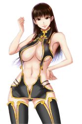 Rule 34 | 1girl, alternate costume, alternate hairstyle, bare shoulders, black hair, braid, breasts, brown eyes, brown hair, center opening, cleavage, clenched hand, cowboy shot, dead or alive, dead or alive 5, female focus, female pubic hair, groin, hair down, hand on own hip, highres, kamitsuki manmaru, large breasts, lei fang, lips, long hair, looking at viewer, micro panties, navel, panties, pubic hair, revealing clothes, simple background, smile, solo, twin braids, underboob, underwear, unzipped, white background