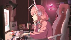 Rule 34 | 1girl, absurdres, akatsuki banmai, cake, chair, closed eyes, closed mouth, commentary, computer, cup, curtains, eggplant, english commentary, food, fruit, gaming chair, headphones, hibiki du ca, highres, keyboard (computer), lamp, monitor, mouse (computer), nijigen project, picture frame, pink hair, potatoc96030882, rain, smile, strawberry, swivel chair, virtual youtuber, window, youtube logo