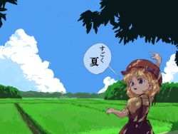 Rule 34 | 1girl, :o, aki minoriko, arm up, blonde hair, brown dress, brown eyes, brown hat, cloud, cumulonimbus cloud, dappled sunlight, day, dress, eyebrows hidden by hair, field, food, fruit, grapes, hair behind ear, hat, highres, looking back, mob cap, nama udon, open mouth, outdoors, puffy short sleeves, puffy sleeves, scenery, short hair, short sleeves, sky, solo, sunlight, sweat, touhou, translation request, transmission tower, upper body