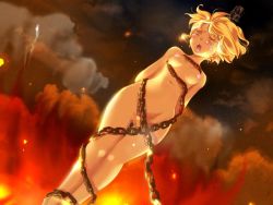 Rule 34 | 1girl, artist request, blonde hair, breasts, burning, censored, chain, character request, crying, execution, fire, nipples, nude, restrained, short hair, small breasts, source request, tears, torture