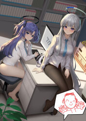 Rule 34 | 1boy, 2girls, absurdres, doodle sensei (blue archive), barefoot, black pantyhose, blue archive, blue necktie, blush, breasts, buttons, closed mouth, collared shirt, grey hair, halo, highres, indoors, keyboard (computer), large breasts, long hair, long sleeves, looking at viewer, mechanical halo, monitor, multiple girls, necktie, noa (blue archive), pantyhose, purple eyes, purple hair, sensei (blue archive), shirt, sitting, sunkilow, swivel chair, toes, two side up, white shirt, yuuka (blue archive)