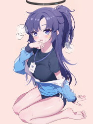 Rule 34 | 1girl, absurdres, barefoot, black shirt, blue archive, blue buruma, blue eyes, blue hair, blush, breasts, breath, buruma, commentary, damashiai, feet, gym uniform, halo, hand to own mouth, heavy breathing, highres, jacket, large breasts, long hair, looking at viewer, off shoulder, open clothes, open jacket, open mouth, ponytail, shirt, short sleeves, sitting, soles, solo, thighs, toes, track jacket, yuuka (blue archive), yuuka (track) (blue archive)