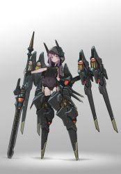 Rule 34 | 1girl, absurdres, commentary request, covered navel, expressionless, eyes visible through hair, fingerless gloves, full body, gloves, gradient background, highres, holding, holding weapon, hood, hood up, looking at viewer, mecha musume, mechanical wings, oota youjo, original, polearm, purple eyes, purple hair, solo, weapon, wings