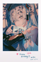Rule 34 | 1girl, arm tattoo, bare shoulders, border, cassette tape, character name, closed mouth, commentary, dated, detached sleeves, eyelashes, fingernails, grey eyes, grey hair, hair between eyes, happy birthday, hatsune miku, highres, holding, lirseven, long hair, looking to the side, solo, tattoo, vocaloid