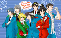 Rule 34 | 6+boys, animification, antenna hair, black hair, black necktie, blonde hair, blue eyes, blue hair, edward the blue engine, gloves, gordon the big engine, green eyes, grey eyes, grey hair, hair between eyes, henry the green engine, highres, hiro the japanese engine, index finger raised, james the red engine, long sleeves, mail, makina0127, male focus, multicolored hair, multiple boys, necktie, one eye closed, percy the small engine, personification, red eyes, red hair, red necktie, salute, sleeves rolled up, smile, streaked hair, thomas the tank engine, thomas the tank engine (character), uniform, white gloves