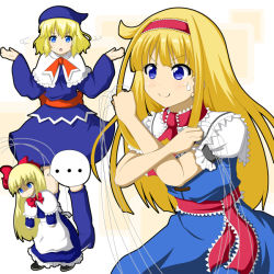 Rule 34 | ..., 2girls, :o, alice margatroid, alice margatroid (cosplay), apron, arms up, blonde hair, blue eyes, boots, bow, capelet, cosplay, costume switch, crossed arms, crossover, dress, failure, gradient background, hair bow, hairband, hat, jewelry, knee boots, lolita hairband, long hair, long sleeves, looking at viewer, madou monogatari, mitya, multiple girls, puffy short sleeves, puffy sleeves, puppet rings, puppet strings, puyopuyo, ring, sash, shaking head, shanghai doll, short hair, short sleeves, simple background, smile, speech bubble, sweatdrop, touhou, waist apron, witch (puyopuyo), witch (puyopuyo) (cosplay)