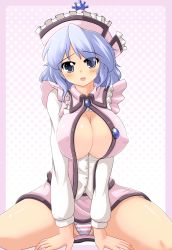 Rule 34 | 1girl, absurdres, blue eyes, blush, breasts, chuuten (clam chowder), cleavage, female focus, hat, highres, large breasts, merlin prismriver, panties, partially visible vulva, purple hair, short hair, solo, spread legs, striped clothes, striped panties, thick thighs, thighs, touhou, underwear, white hair
