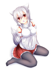 Rule 34 | 1girl, absurdres, animal ears, bare shoulders, black pantyhose, blush, breast hold, breasts, detached sleeves, fang, highres, inubashiri momiji, large breasts, looking at viewer, oohirakeisuke, open mouth, pantyhose, pom pom (clothes), short hair, simple background, sitting, solo, tail, touhou, wariza, white background, wolf ears, wolf tail