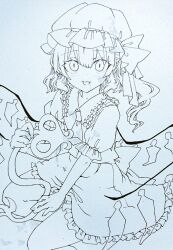 Rule 34 | 1girl, ascot, back bow, bow, chaka3464, feet out of frame, flandre scarlet, frilled shirt collar, frilled skirt, frilled sleeves, frills, greyscale, hair between eyes, hat, holding, holding polearm, holding weapon, laevatein (touhou), lineart, looking at viewer, making-of, medium hair, mob cap, monochrome, polearm, puffy short sleeves, puffy sleeves, short sleeves, simple background, skirt, solo, tongue, tongue out, touhou, vest, weapon, white background, wings